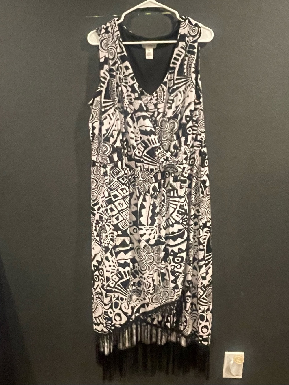 Catherines Black & White Abstract Fringe High-Low Dress